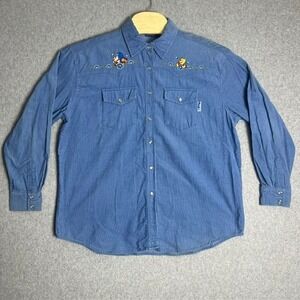 Vintage Disney Pooh Corduroy Women's‎ Large Blue Button Up Long Sleeve Shirt